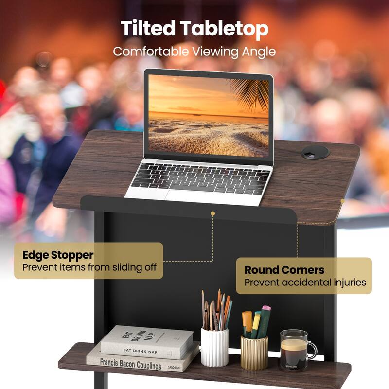 Adjustable Rolling Podium Stand with Tilt Table and Storage Shelf