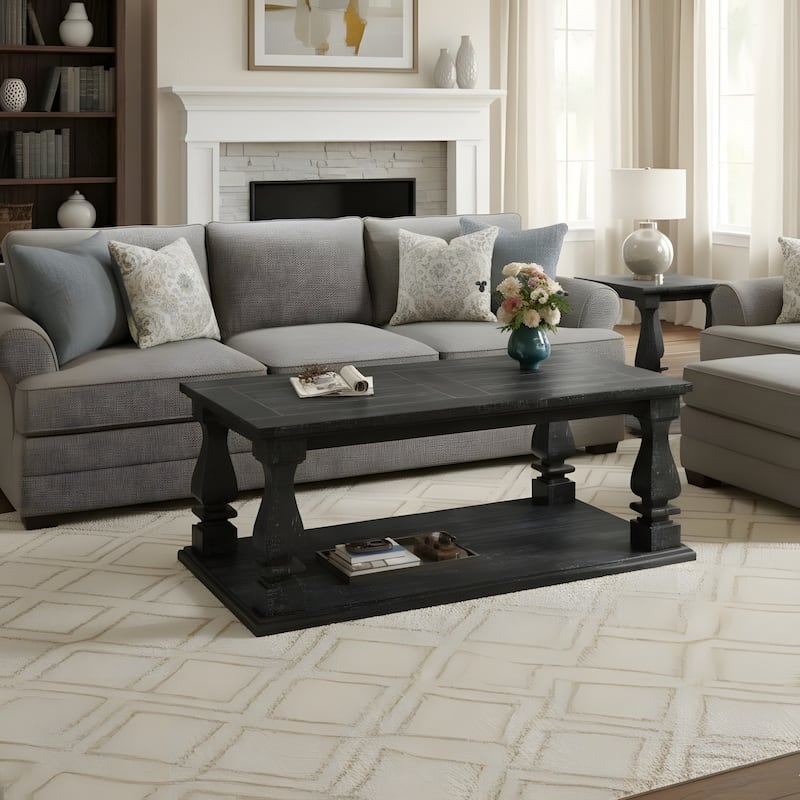 Farmhouse Coffee Table with Open Bottom Shelf for Living Room - Antique Black
