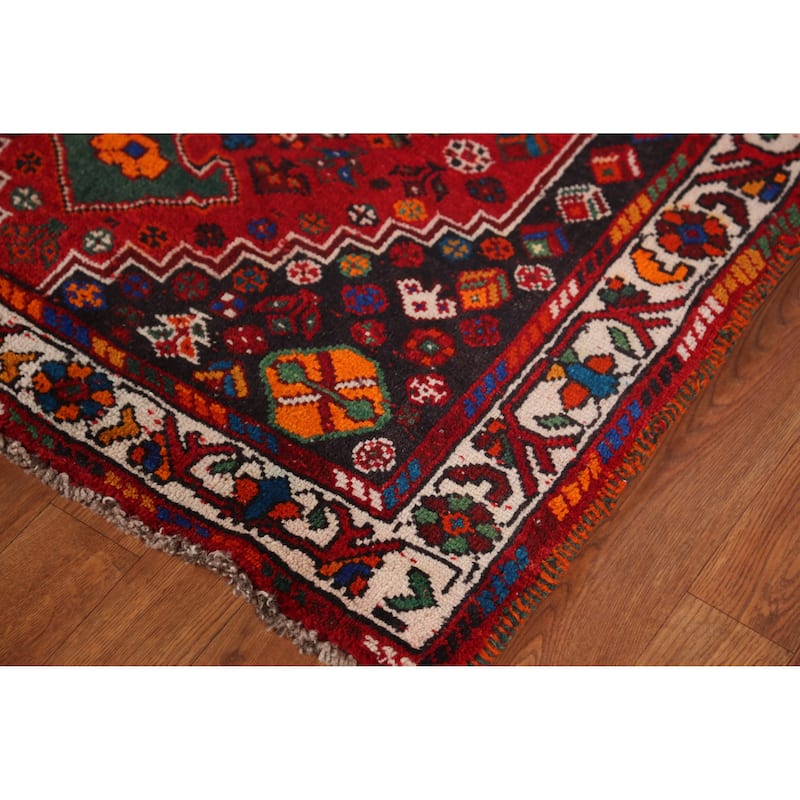 Hand Knotted Oriental 100% Wool Carpet Traditional Tribal Red Shiraz Runner Rug - 10' 8'' X 3' 2''