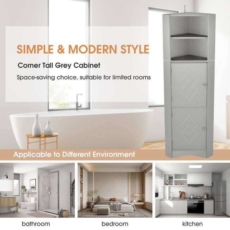 Home Tall Corner Cabinet with 2 Doors and 2 Tiers of Outside Shelves, Freestanding Storage Cabinet with Adjustable Shelves