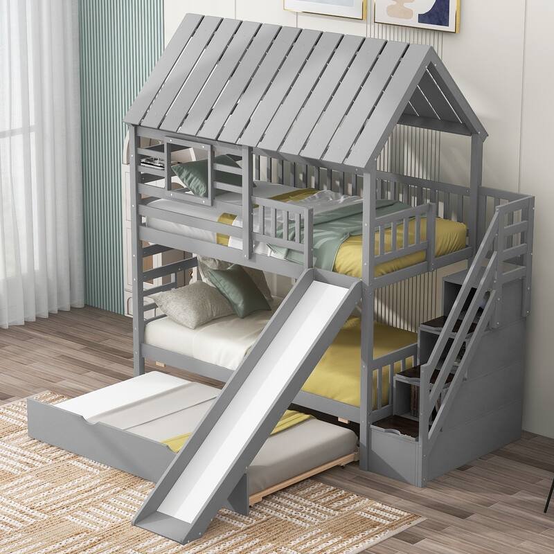 Twin over Twin Bunk Bed with Trundle, Slide, Storage Stairs, Roof and Window Design, Gray