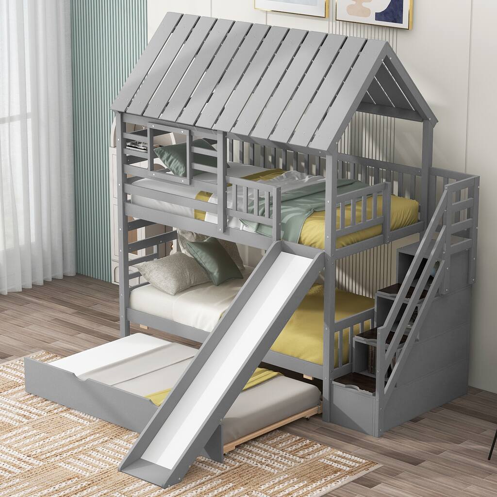 Twin over Twin House Bunk Bed with Trundle and Slide, Storage Staircase, Roof and Window Design