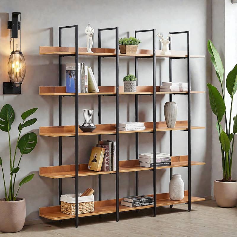 5 Tier Industrial Bookcase, Open Home Office Bookshelf with Metal Frame and MDF Shelves, Vintage Style - Black Brown