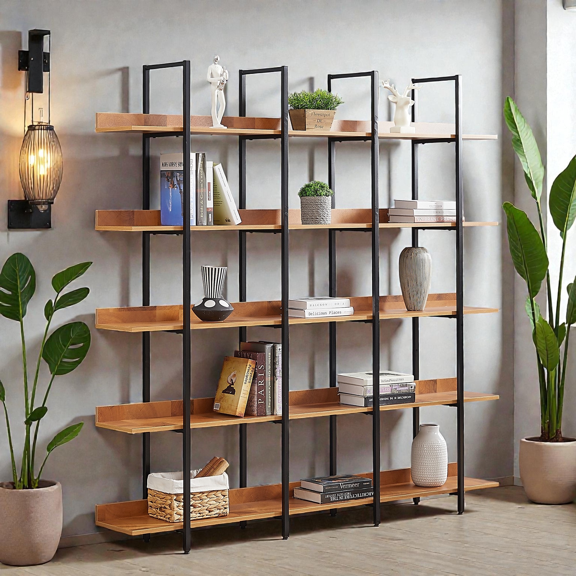 5 Tier Industrial Bookcase, Open Home Office Bookshelf with Metal Frame and MDF Shelves, Vintage Style