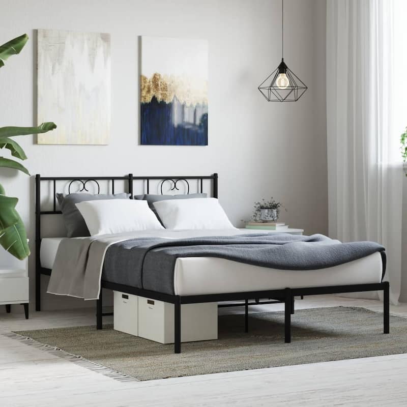 vidaXL Queen Metal Bed Frame with Headboard, Black, No Mattress - 81.5" x 61.4" x 35.4"
