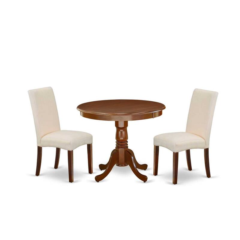 Round Dining Table Set 36 Inch - 3Pc Coastal Craftsman Table & Chairs - Linen Fabric Cream