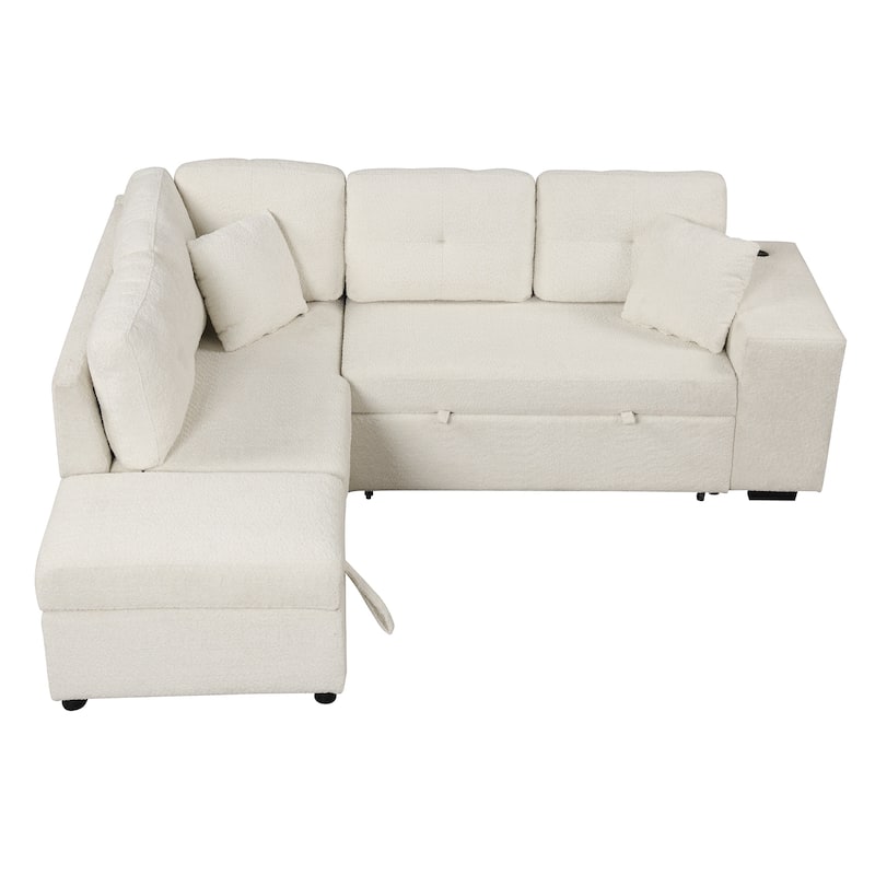 Roomfitters Convertible Sleeper Sectional Sofa Bed with Storage Ottoman, Two Throw Pillows, Two Stools, Wireless Charger