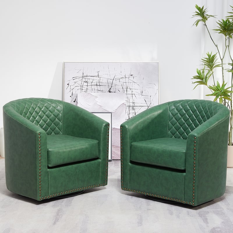 KINWELL 29" Wide Tufted PU Leather Swivel Barrel Chair (Set of 2) - Green