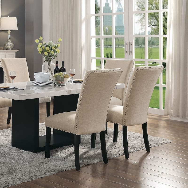 Beige Linen Like Fabric Contemporary 2pc Dining Side Chairs Nalihead Trim Black Solid wood Legs Dining Room Chairs