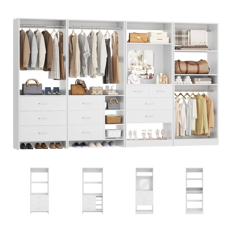 Cimly Set of 4 Closet Organizer with Drawers and Mirror, Freestanding Closet System with Hanging Rods