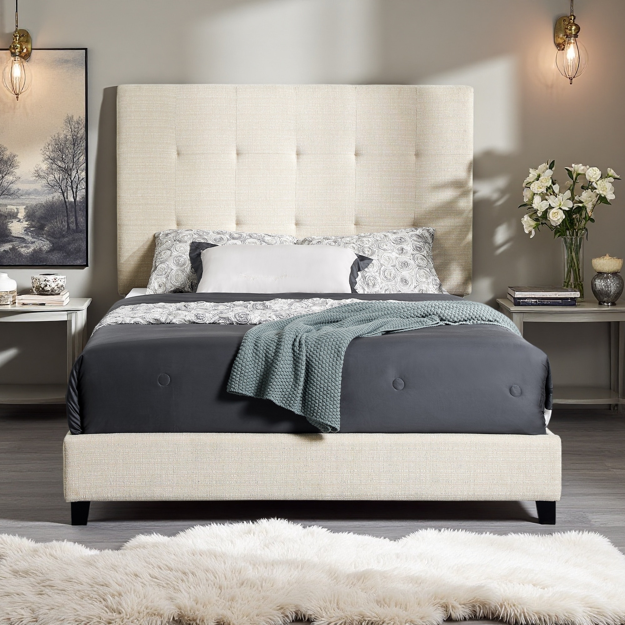 Queen Size Upholstered Platform Bed with Tufted Headboard