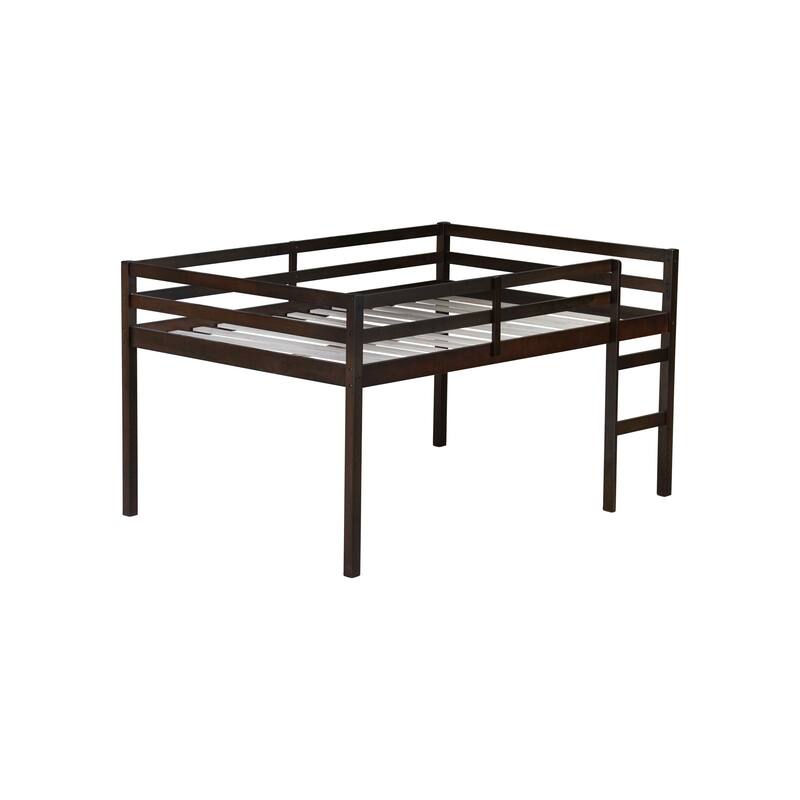 Roomfitters Full/Twin Rubber Wood Loft Bed with Ladder, Reinforced Slat Platform, Low Height Design, Espresso
