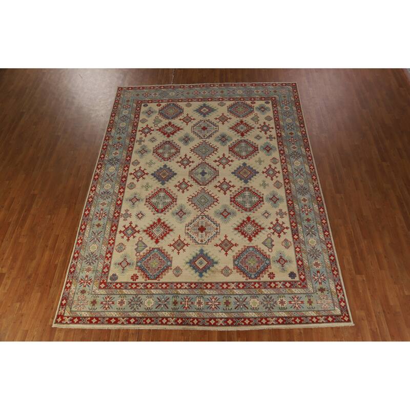 Hand Knotted Oriental 100% Wool Carpet Traditional Geometric Beige & Ivories Kazak Area Rug - 11' 11'' X 8' 10''