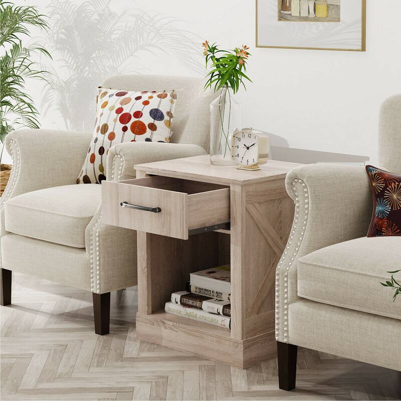 Gymax Nightstand with Drawer and Shelf Rustic Wooden Bedside Table