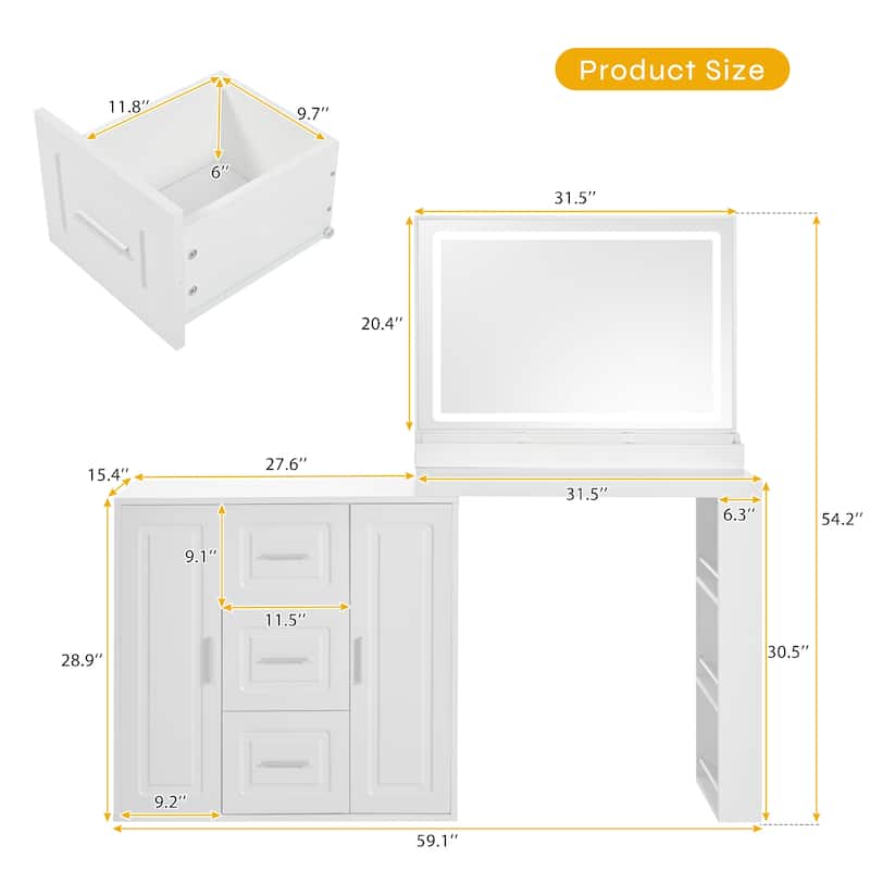 59" Vanity Desk with Mirror and Lights, Dressing Table with Storage Shelves, 3 Drawers and 2 Cabinets