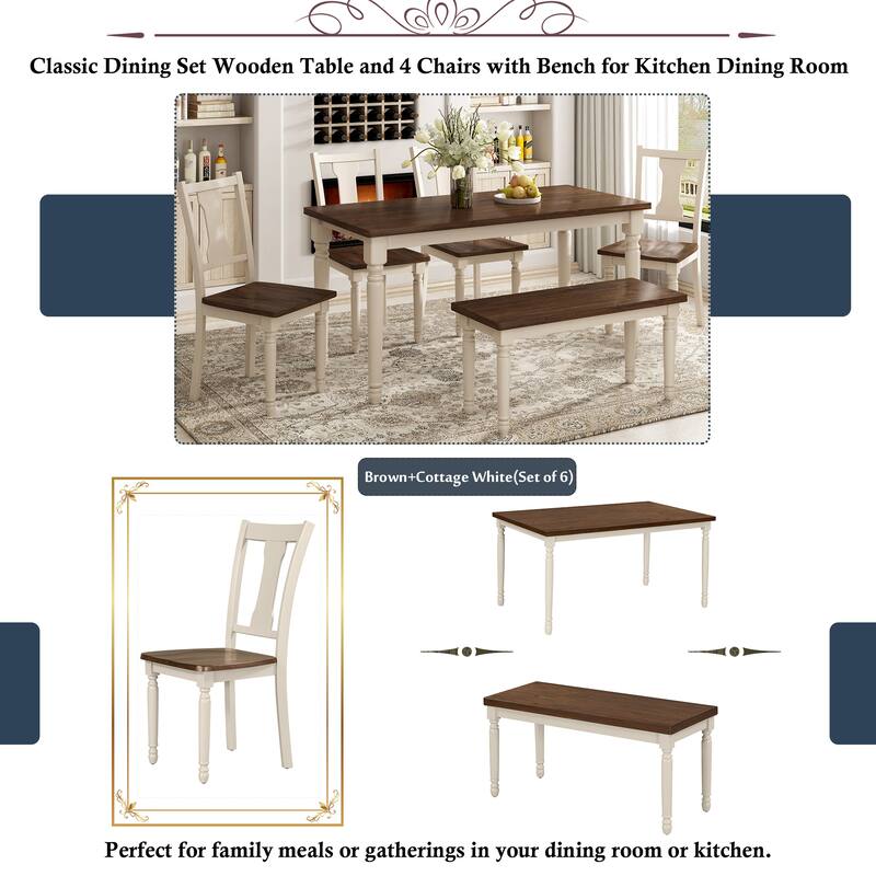 Classic 6-Piece Wooden Dining Table Set with 4 Chairs & Bench
