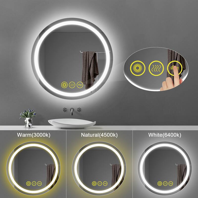 SmartShine Contemporary LED Dimmable 24" Round Anti-Fog Backlit Bathroom Vanity Mirror - Clear