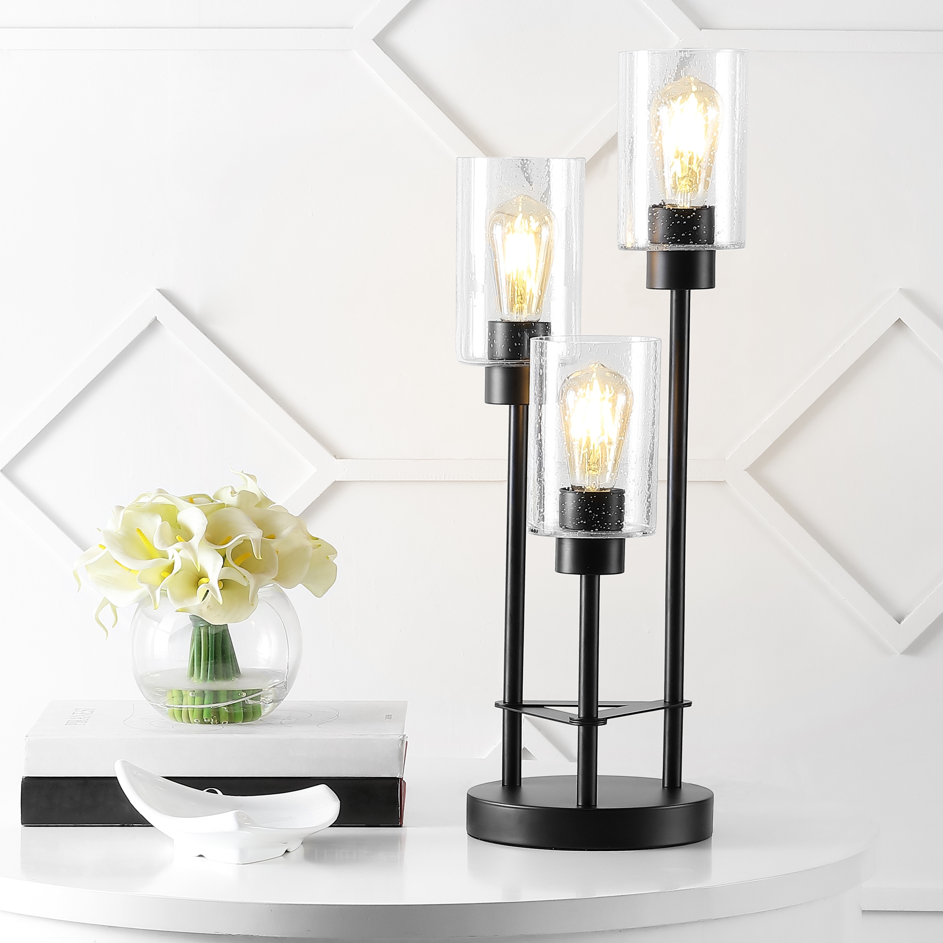 JONATHAN Y Juliana Modern 20.5" 3-Light Iron/Seeded Glass Modern Industrial LED Table Lamp, Black - 1 Bulb