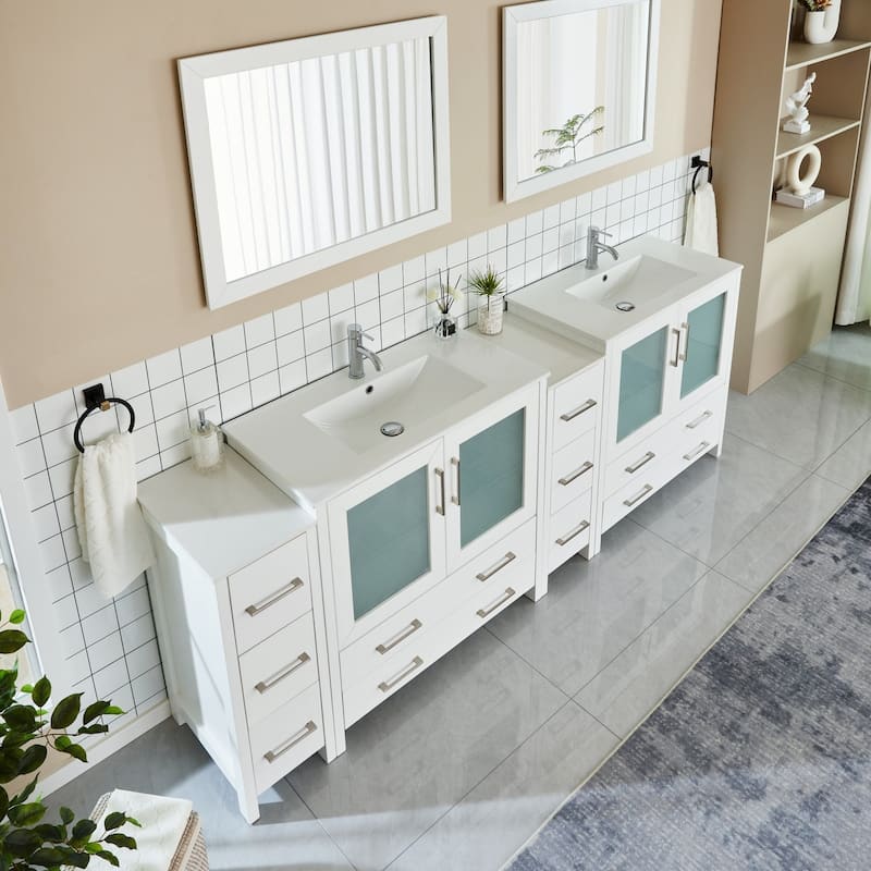 Vanity Art 96" Double Sink Bathroom Vanity Set 10 Dove-Tailed Drawers, 3 Cabinets, 2 Shelves Soft-Closing Doors with Free Mirror