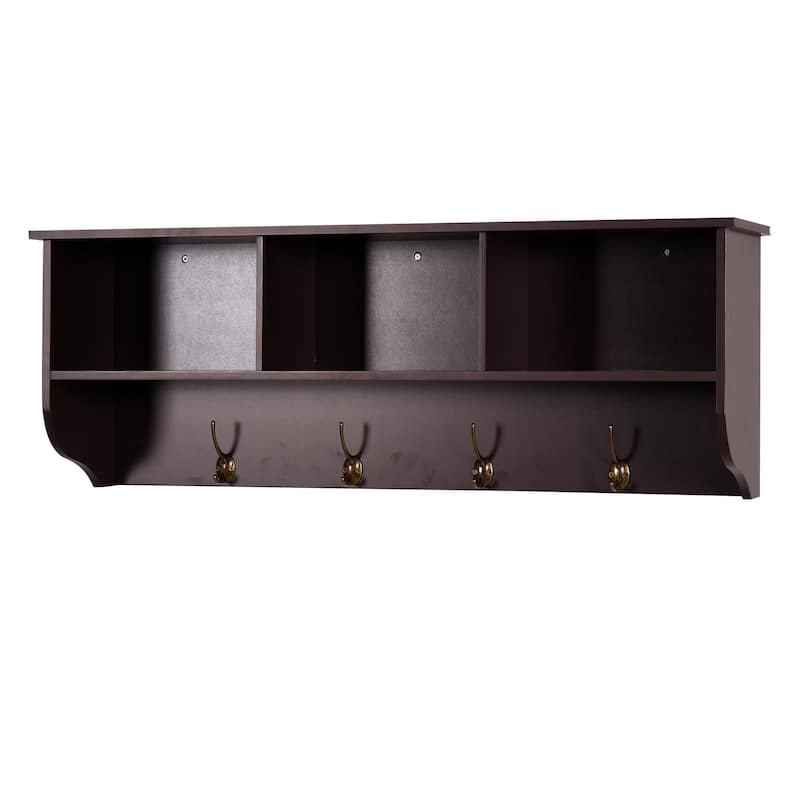 Entryway Wall Mounted Coat Rack with 4 Dual Hooks Living Room Wooden Storage Shelf - Espresso