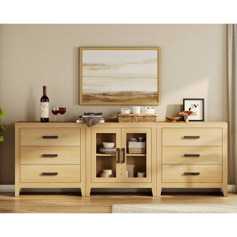 WAMPAT Farmhouse Buffet Cabinet with Glass Doors and Drawers, 3-Piece Modular Sideboard - Oak