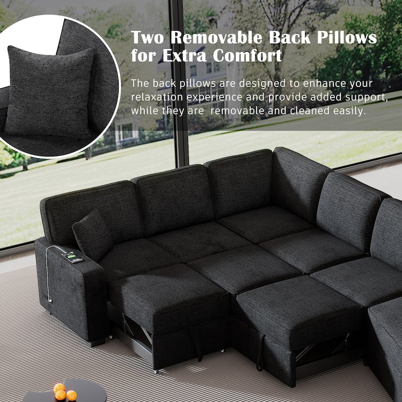 Modern 126" L-Shaped Sofa with Sleeper Bed, Cup Holders, and Power Outlets