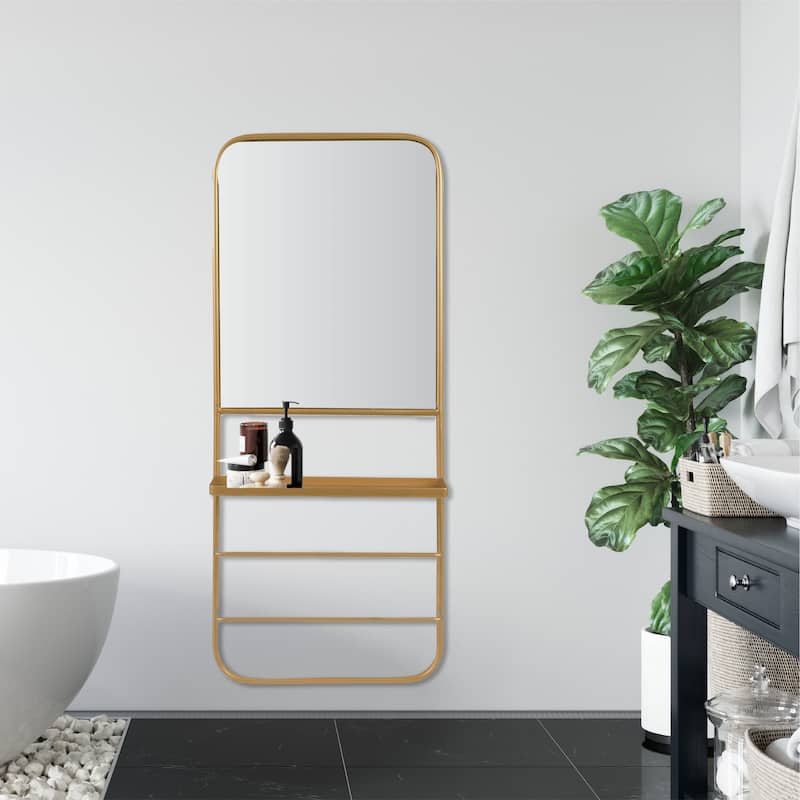 Metal Wall Mirror With Shelf, Gold Finish