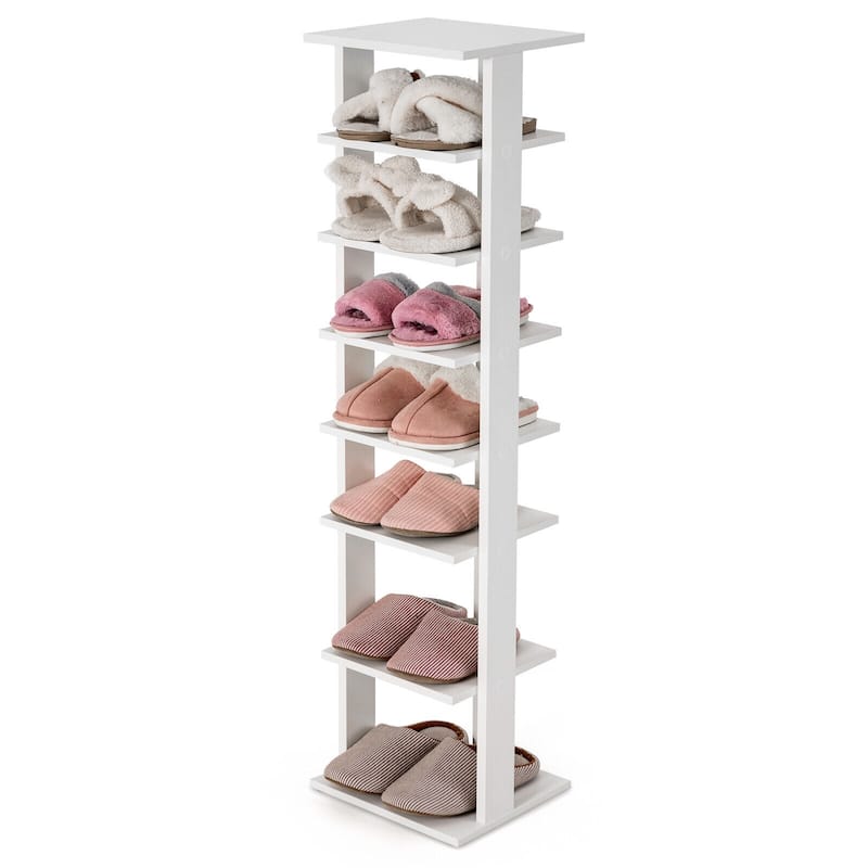 7 Tier White Wooden Vertical Space-Saving Shoe Rack for Entryway and Small Spaces - 11" x 10" x 43.5" (L x W x H)