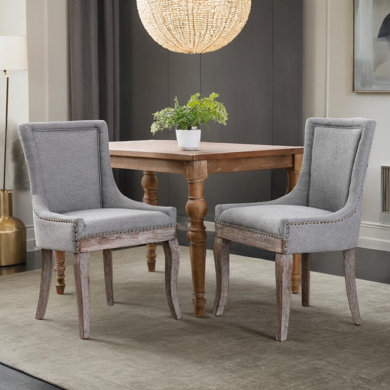 Ultra Side Dining Chair，Thickened fabric chairs with neutrally toned solid wood legs， Bronze nail head，Set of 2