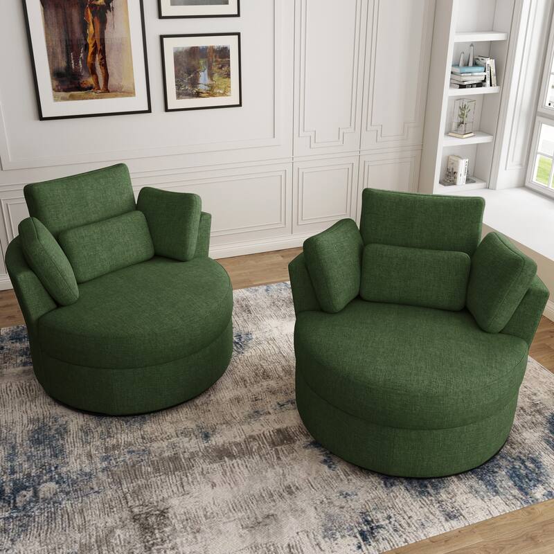 Upholstered Swivel Barrel Armchair with Storage Ottoman (Set of 2) - Chair set - Green Chenille