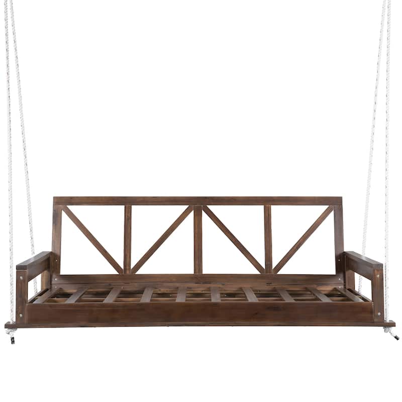 Acacia Wood Twin Size Patio Swing Bed Modern Porch Swing Hanging Bed Frame with 16.4ft Hemp Ropes for Garden,Backyard