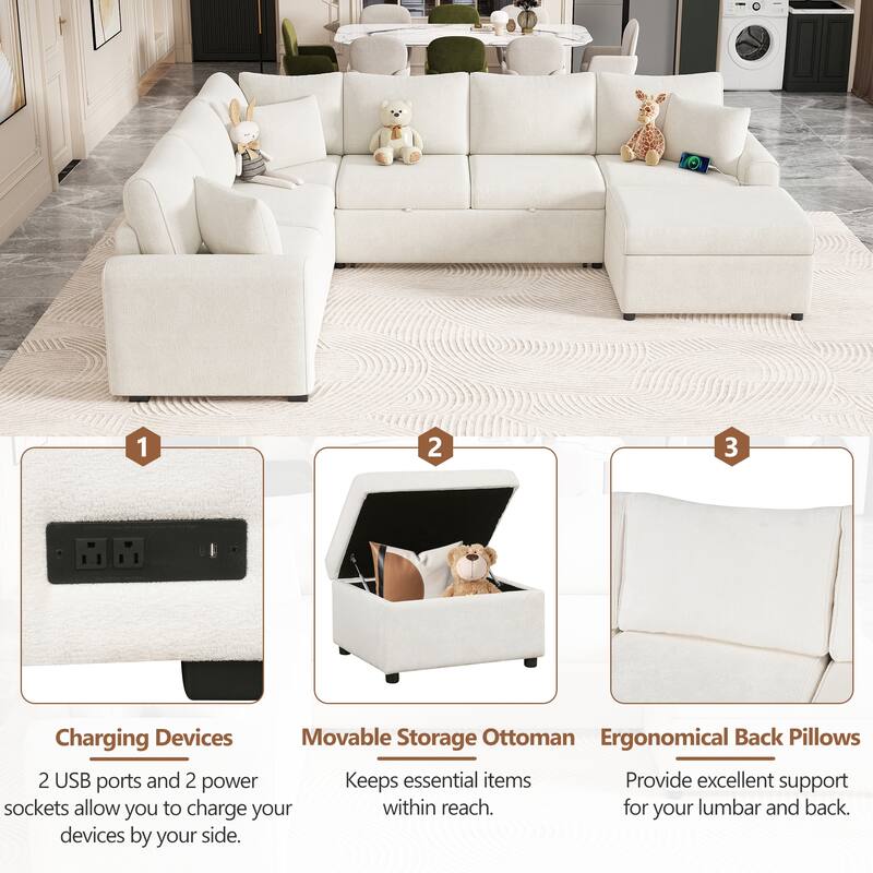 112.2" Sectional Pull-out Sofa Bed with Storage, Pillows & Chargers, Cream Chenille