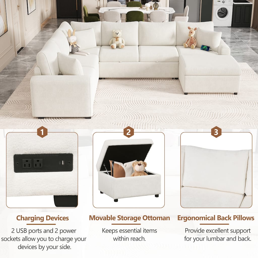 U-shaped Sectional Sofa Set with Ottoman and Pillows & Pull-out Sofa