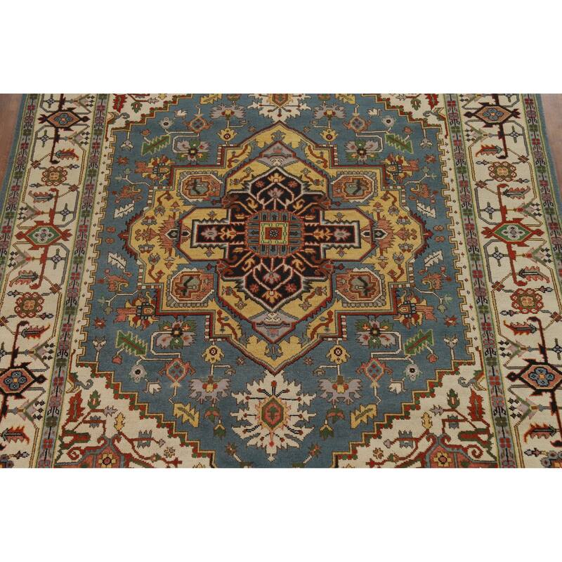 Hand Knotted Oriental 100% Wool Carpet Traditional Medallion Navy Blue & Blues Heriz (serapi) Area Rug - 11' 10'' X 8' 9''