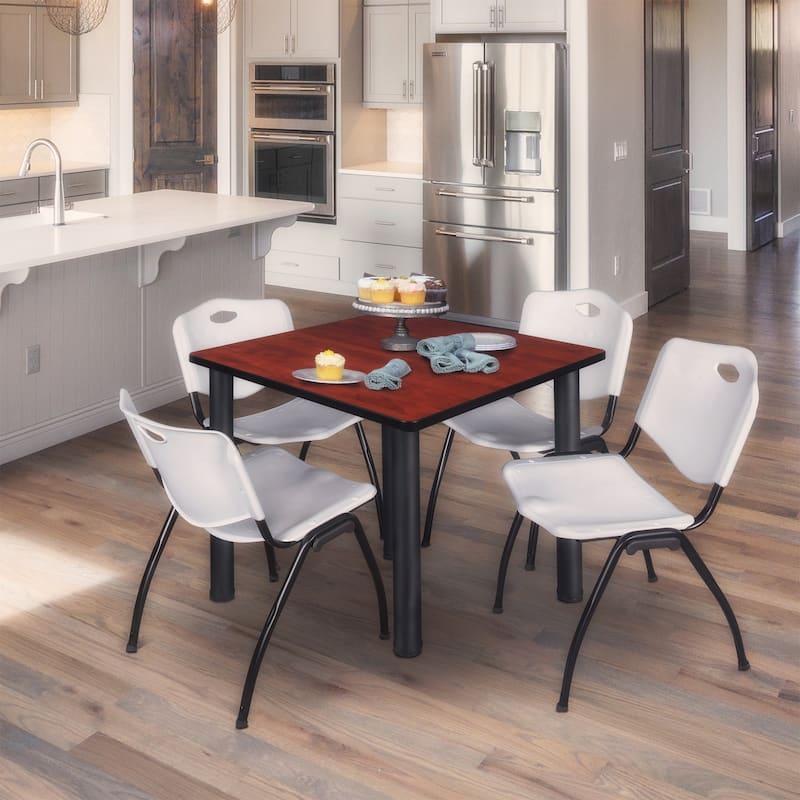 42" Square Breakroom Table- Cherry/ Black & 4 'M' Stack Chairs- Grey - Cherry, Grey - 42