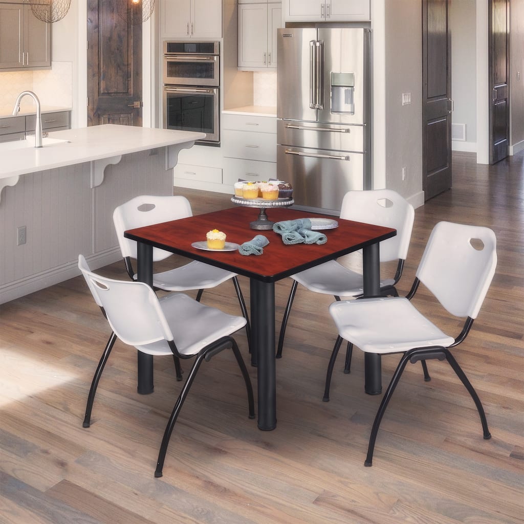 42" Square Breakroom Table- Cherry/ Black & 4 'M' Stack Chairs- Grey - Cherry, Grey - 42