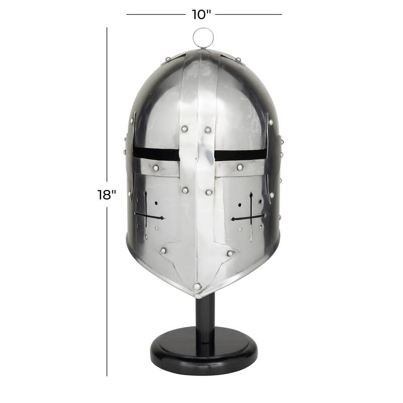 Silver Metal Replica Medieval Knight Crusader Helmet with Black Wood Stand - 9 x 10 x 18