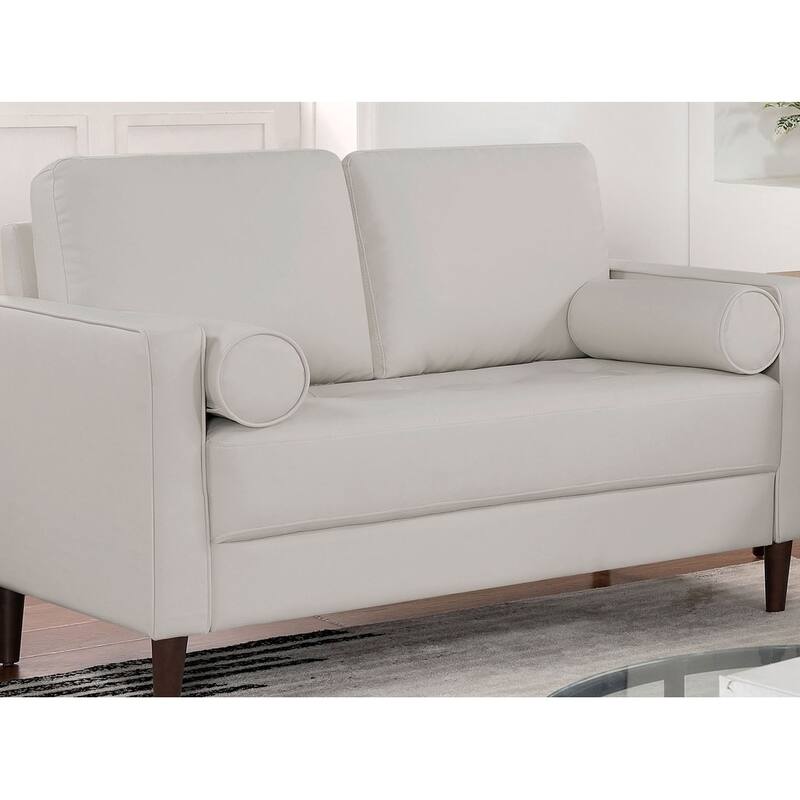 Contemporary Style Off-White Leatherette Upholstered Loveseat with Bench-style Seating and Bolster Pillows