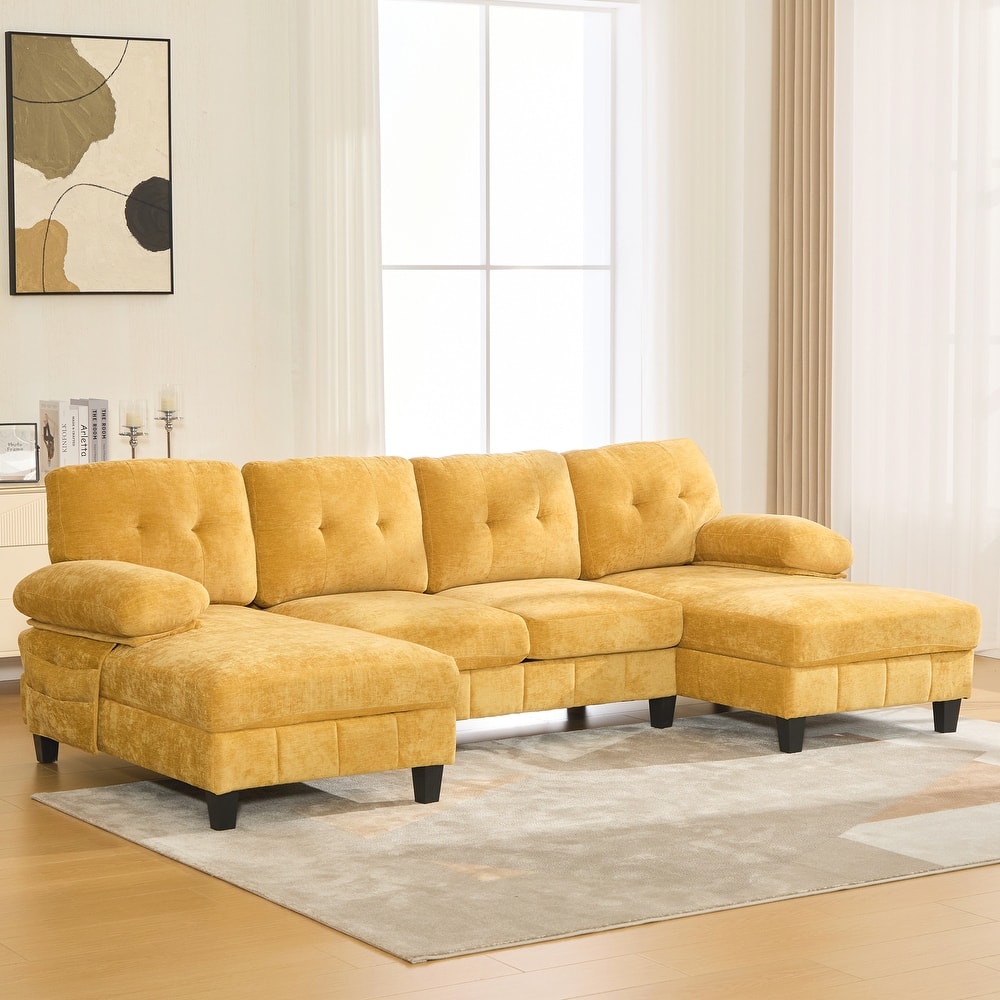 Roomfitters U-Shaped Chenille Sectional Sofa with Dual Chaises, Armrest Pillows and Storage Pockets for Living Room