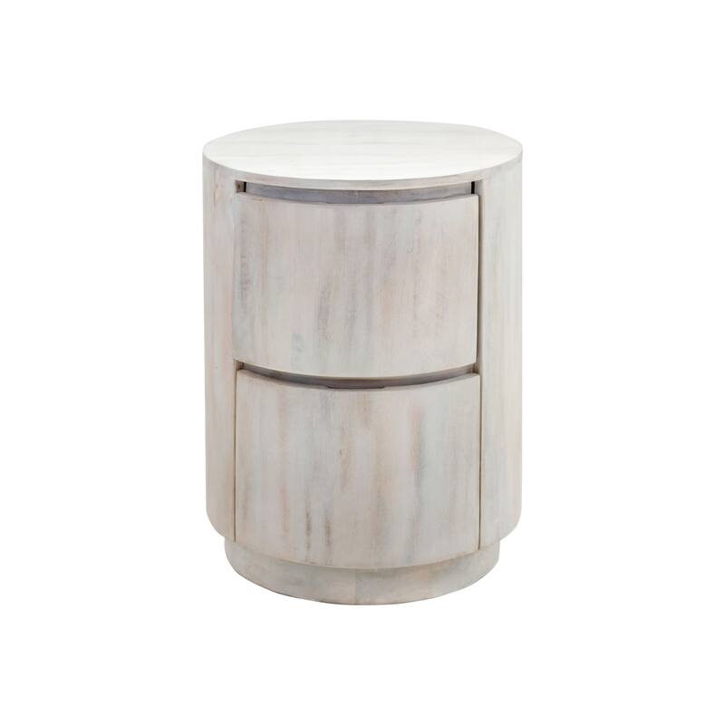 HomeRoots 24" White Solid Wood Round Drum End Table With Two Drawers - 18 in. x 24 in. x 18 in.