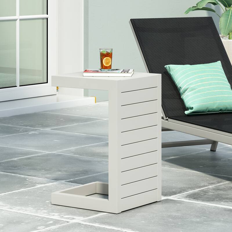 Roomfitters Modern Outdoor Side Table with Slatted Aluminium Frame, Weather-Resistant Accent Table for Patio - White