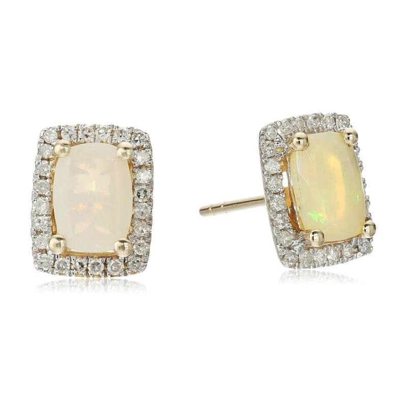 14Kt Solid Gold Ethiopian Opal With H-I Color, I1-I2 Clarity Diamond Stud Earrings