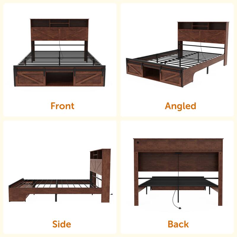 Brown Platform Bed Frame with Charging Station and LED Lights, Open Bookcase Headboard, Sliding Barn Door Storage at the Foot