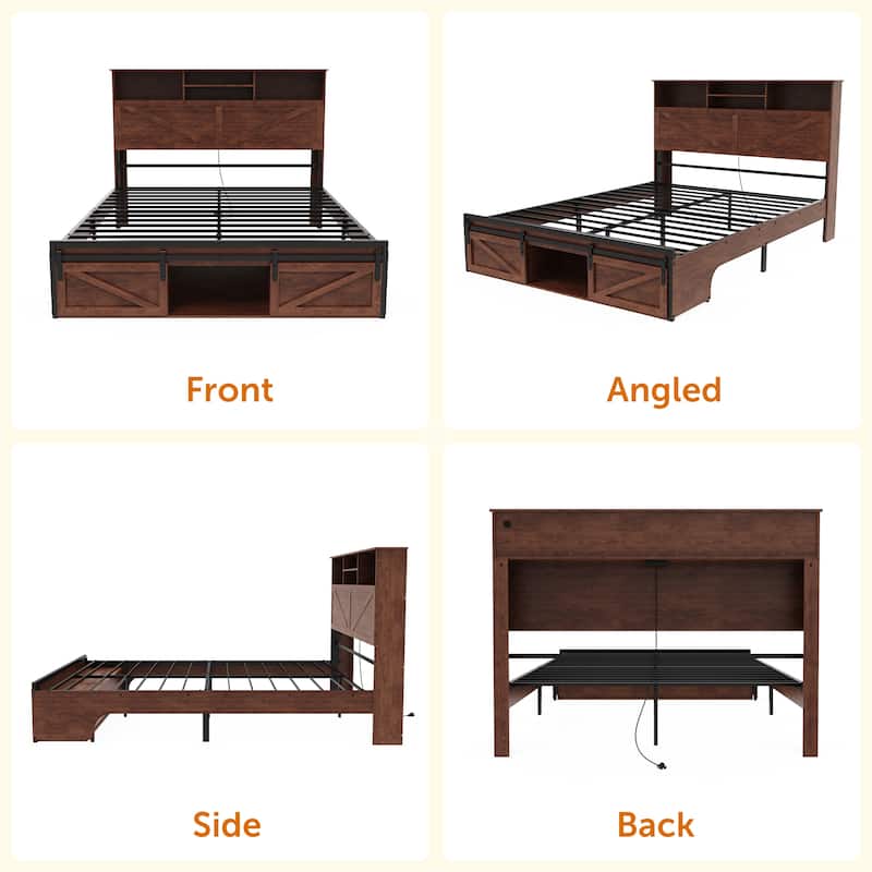 Farmhouse Storage Bed Frame with Storage Headboard, Charging Station and LED Lights, Optional Platform Bed with Drawers