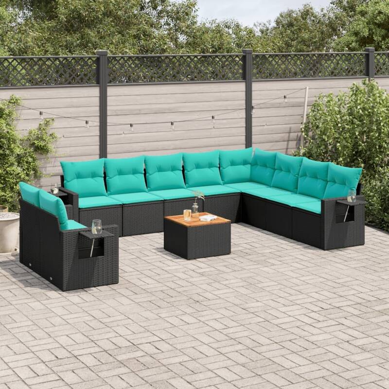 vidaXL 11 Piece Patio Sofa Set with Cushions Black Poly Rattan - 24.4x24.4x27.2
