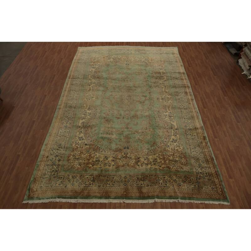 Hand Knotted Oriental 100% Wool Carpet Traditional Floral Green Kerman Area Rug - 19' 1'' X 11' 9''