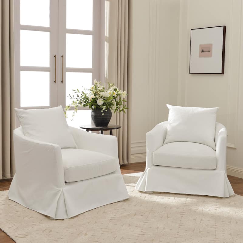 KINWELL 32" W Down Fill Upholstered Slipcovered Swivel Barrel Accent Armchair - Pearl White - Set of 2