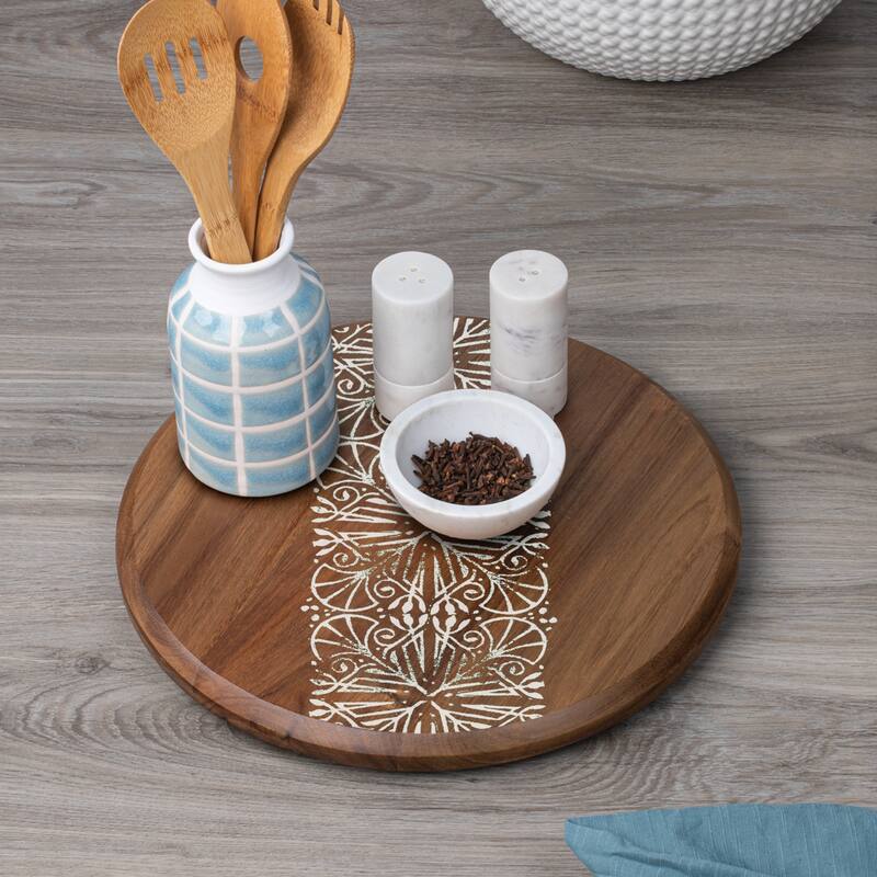 Mohave Round Acacia Wood Lazy Susan Turntable 14" Diameter for Serving Kitchen Organization Condiment Caddy