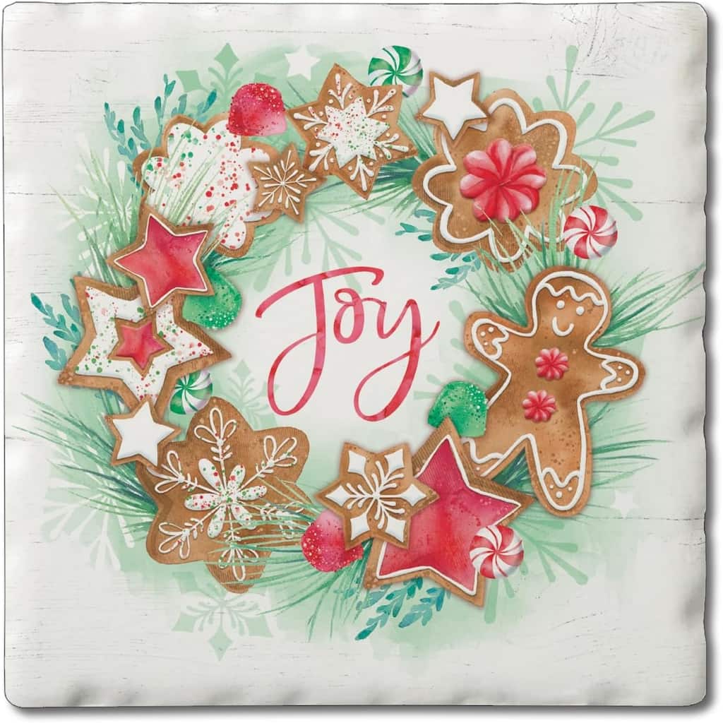 Gingerbread Joy 4 Pack Tumbled Tile Stone Coaster with Protective Cork Backing Made in The USA 4" Square, Artistic, Wipes Clean