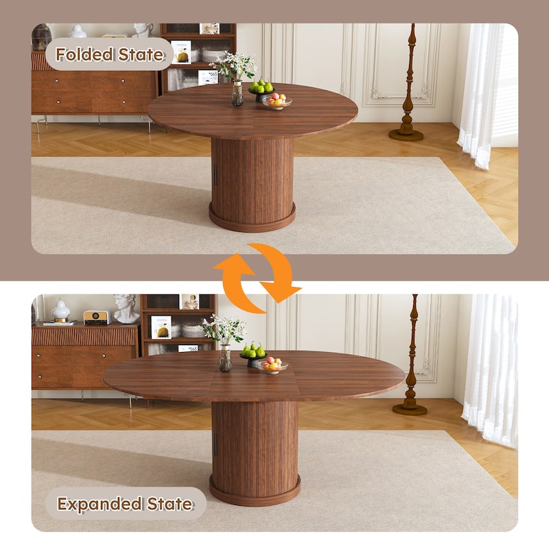 59" Extendable Oval Dining Table with 2-Tier Storage for 4-6, Walnut Finish & Pedestal Base